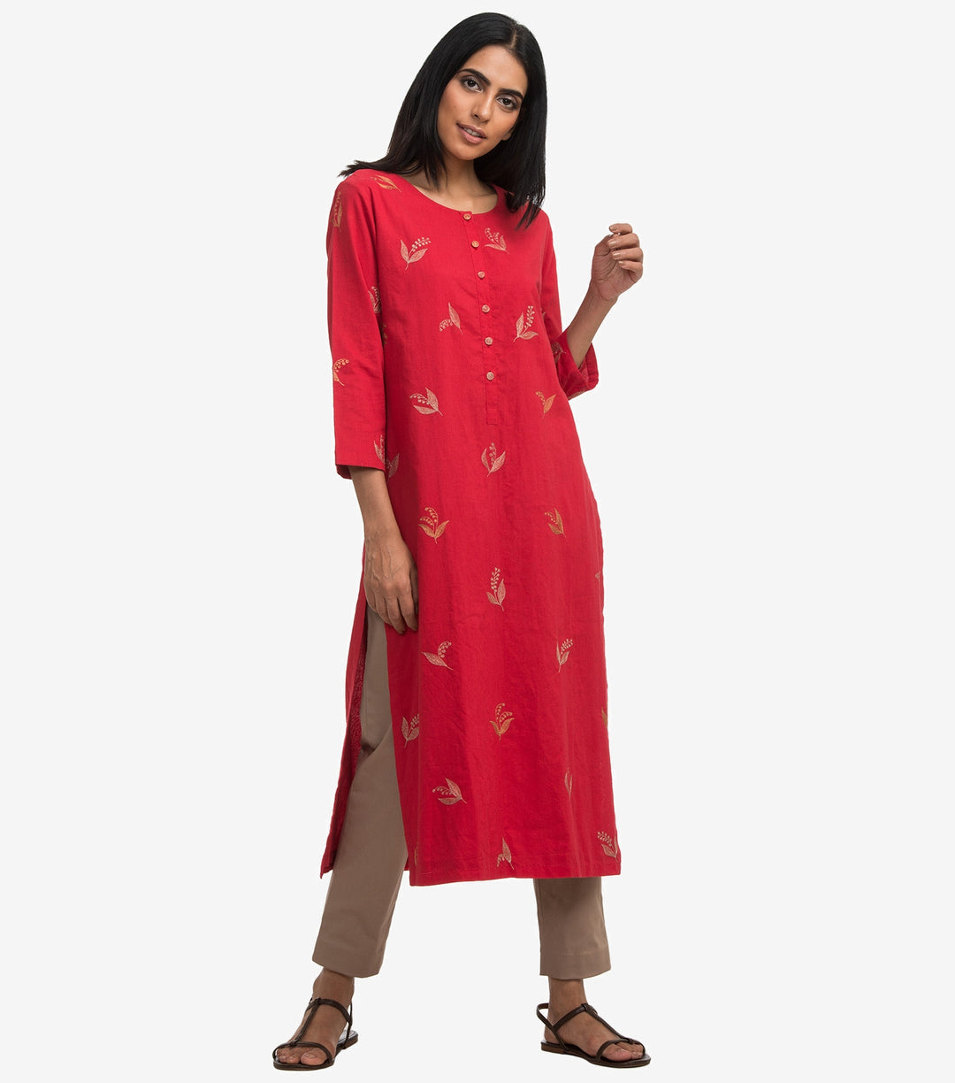 Red zari embroidered cambric kurta