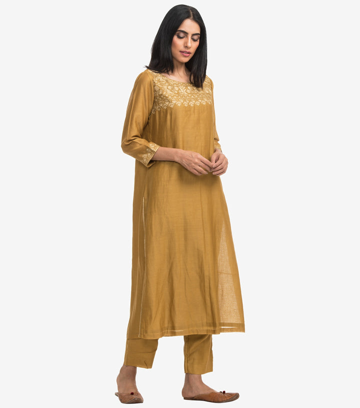 Ochre chanderi Embroidered kurta