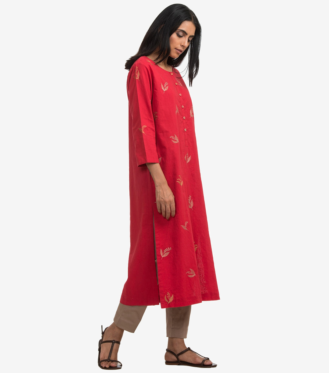 Red zari embroidered cambric kurta