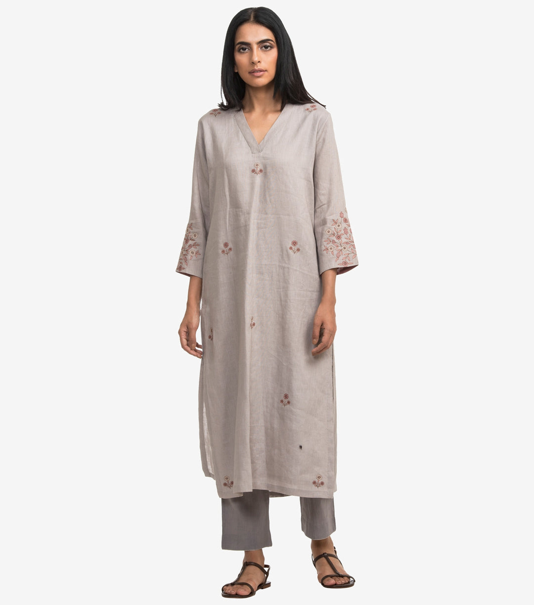 Grey linen embroidered kurta