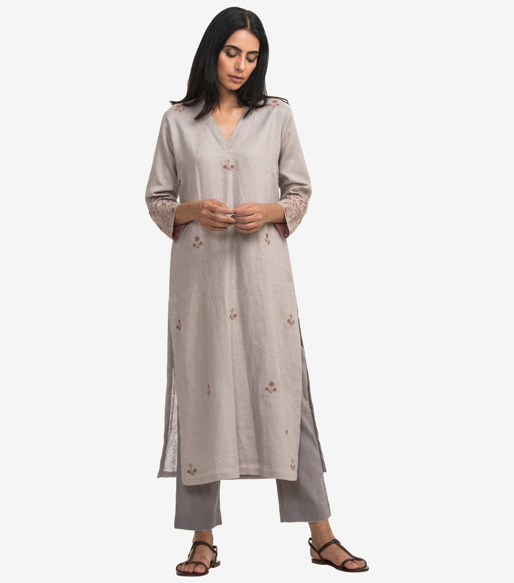 Grey linen embroidered kurta