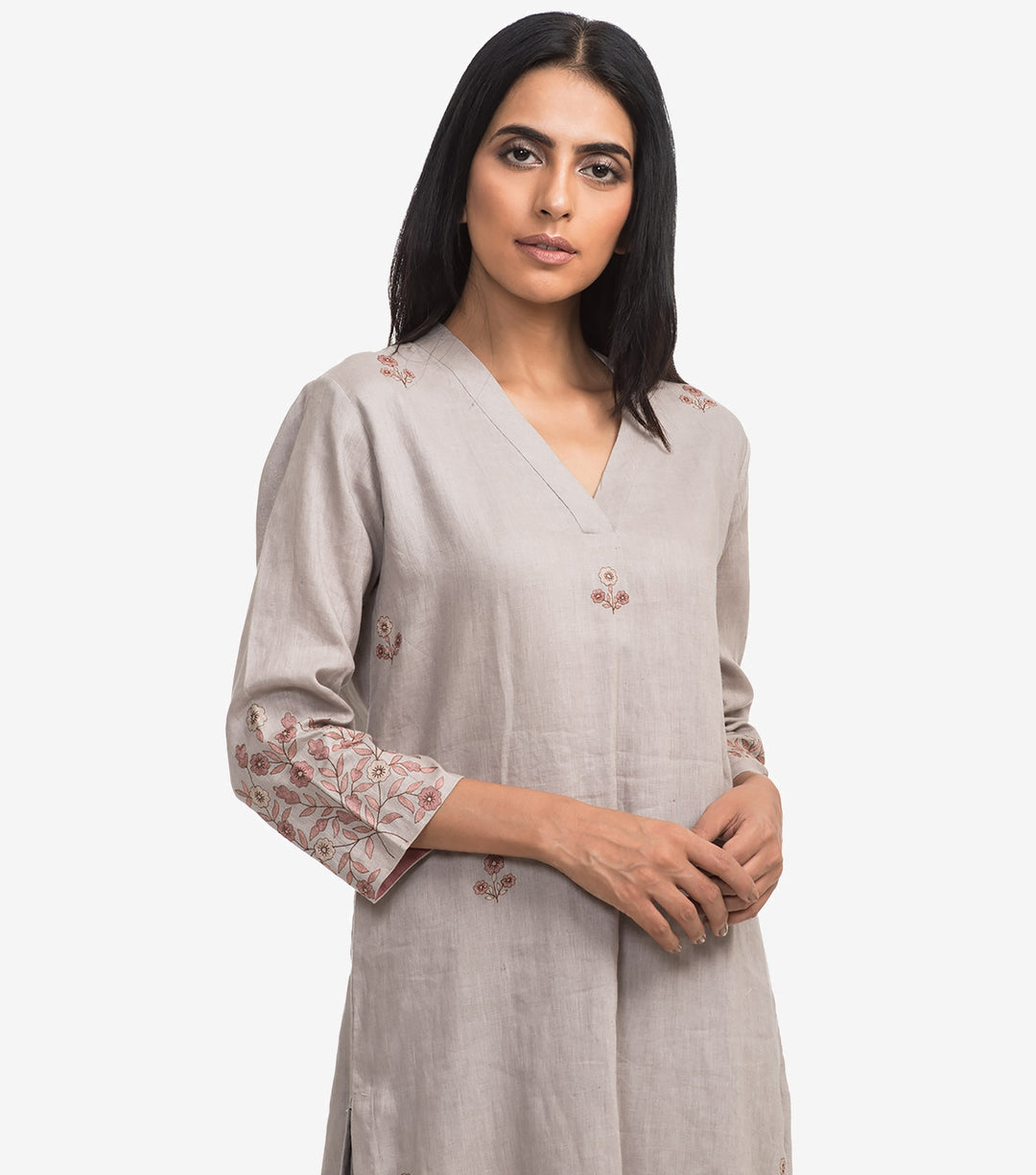 Grey linen embroidered kurta