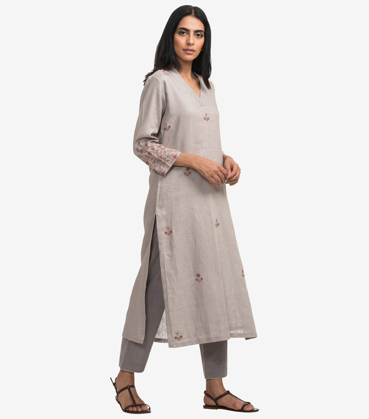 Grey linen embroidered kurta