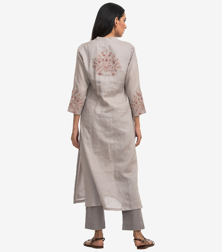 Grey linen embroidered kurta