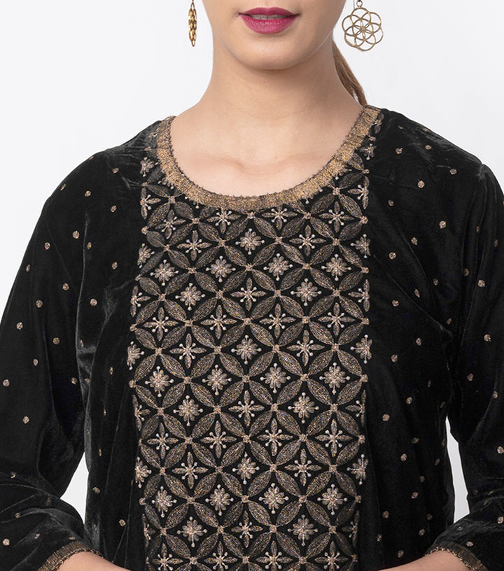 Black Embroidered Velvet Blouse