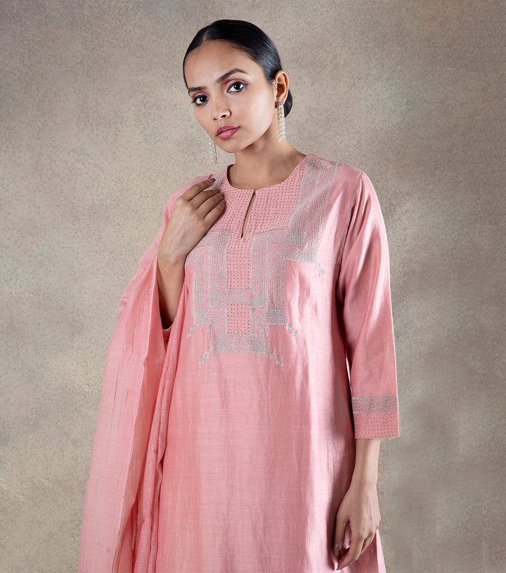 Coral Hand Embroidered Chanderi Kurta with Palazzo - Set of 2