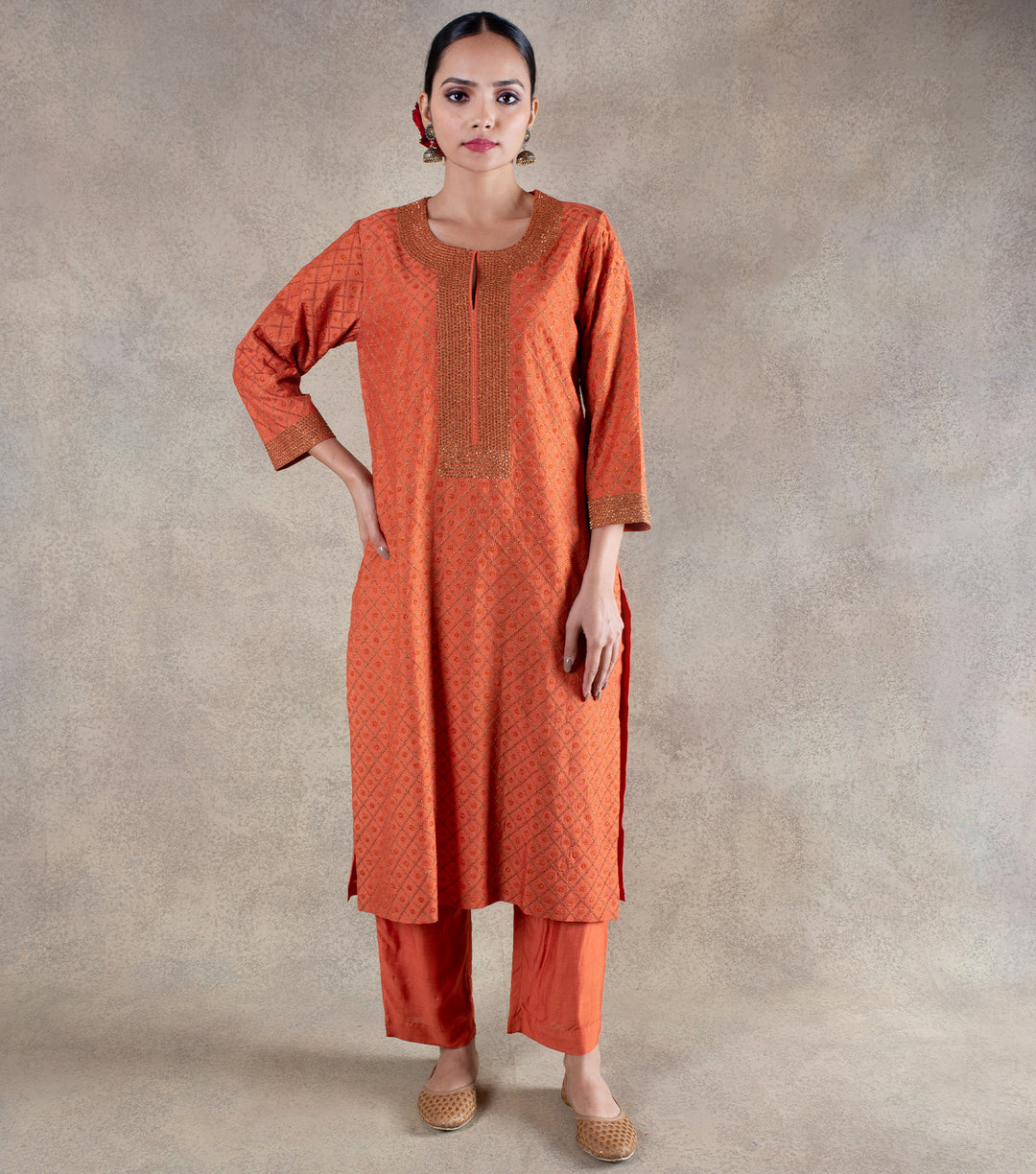 Burnt Orange Hand Embroidered Suit Set