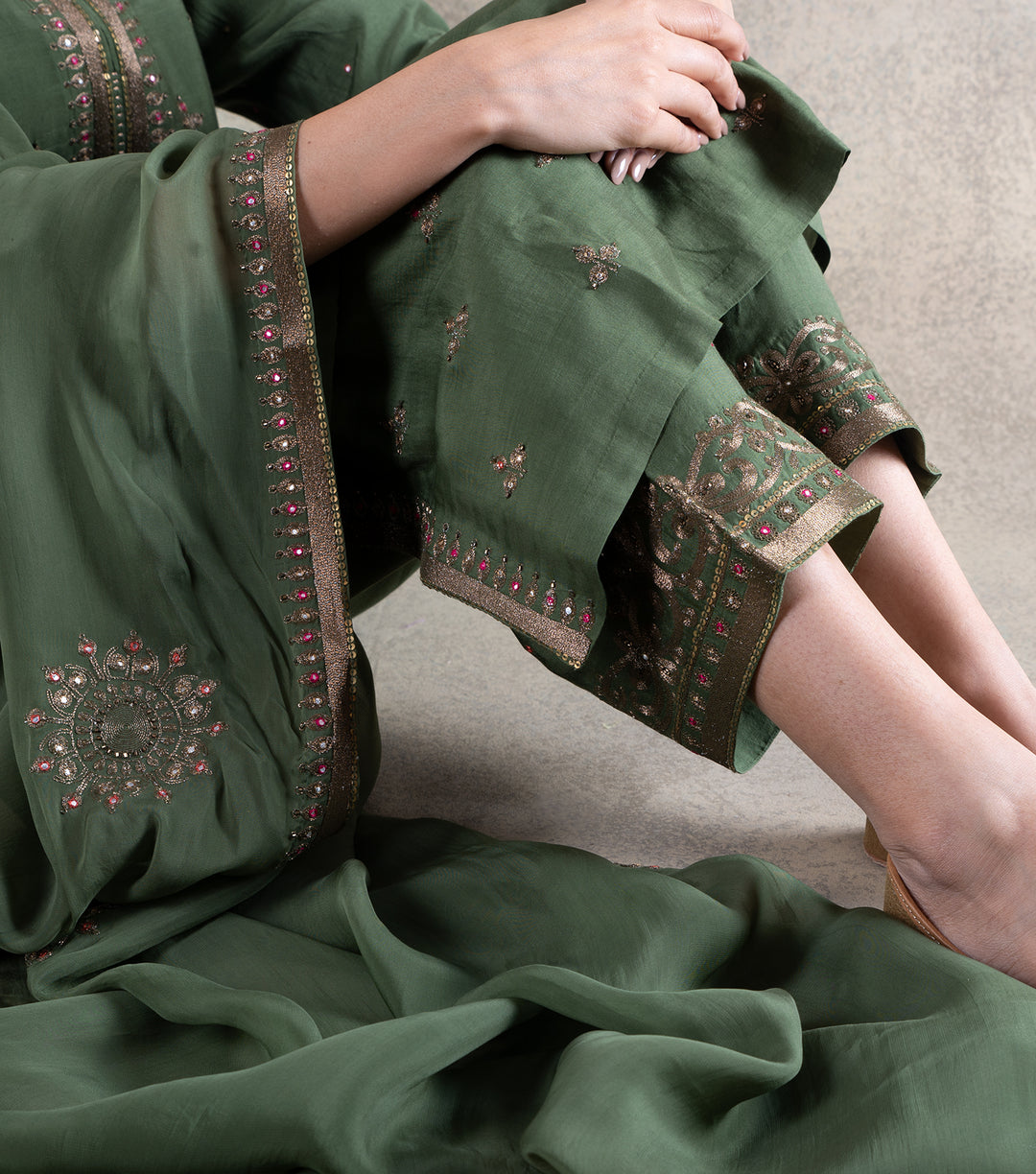 Olive Green Hand Embroidered Suit Set