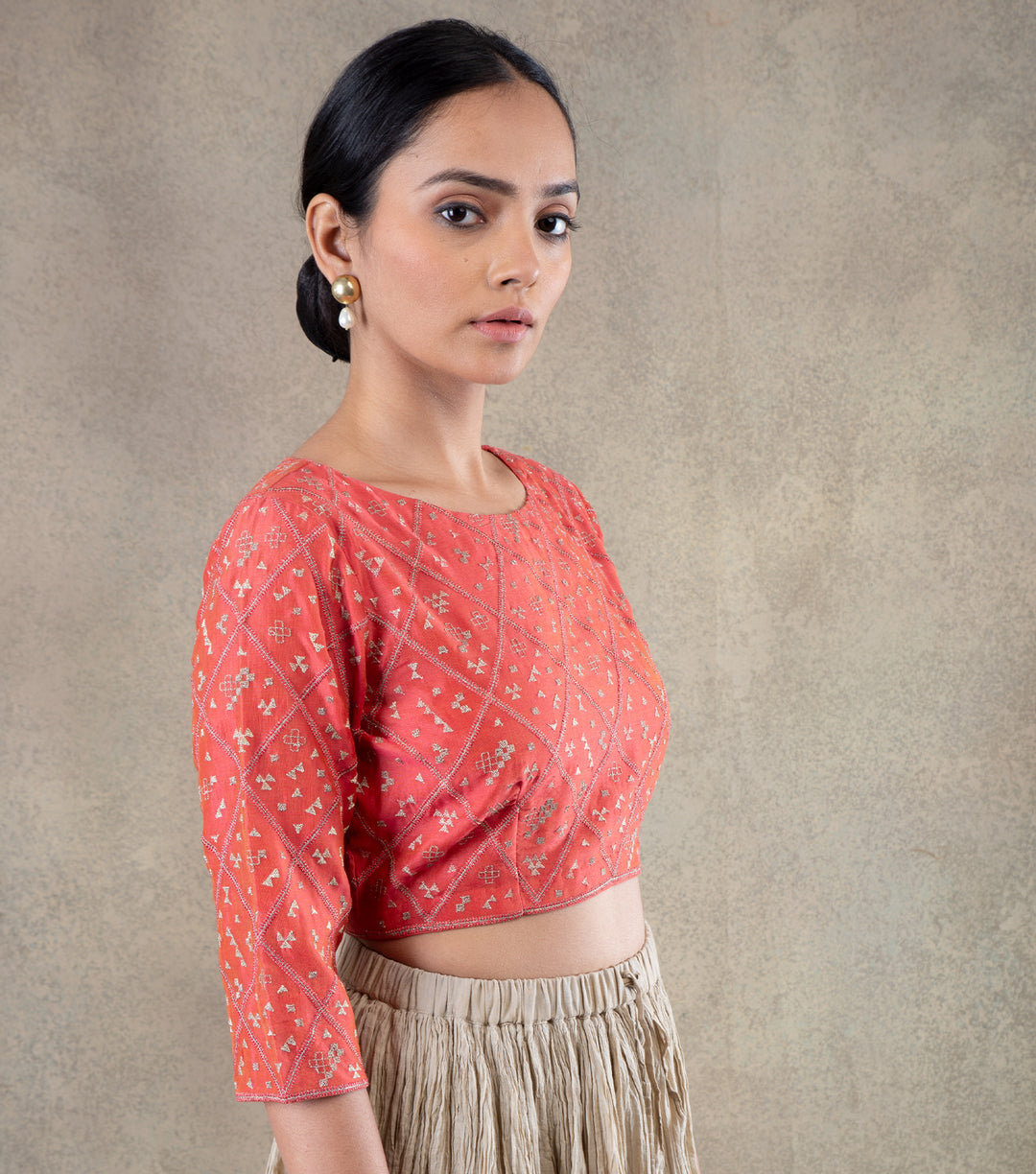 Coral embroidered Chanderi Blouse