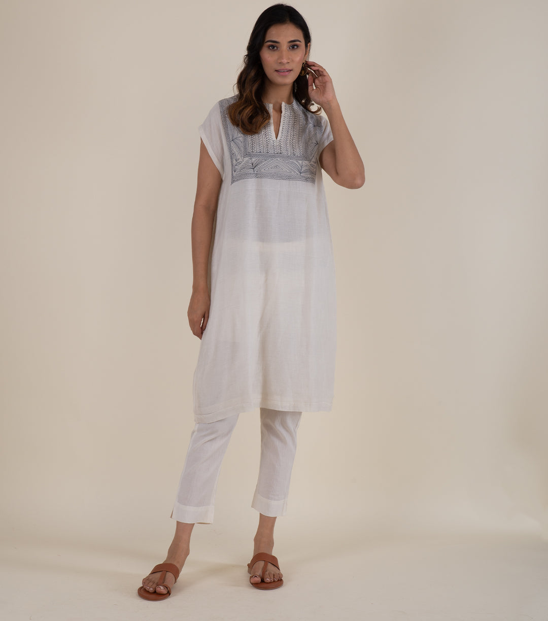 Natural Embroidered Chanderi Kurta