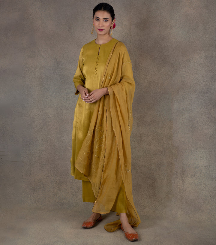 Mustard Yellow Embroidered Chanderi Dupatta