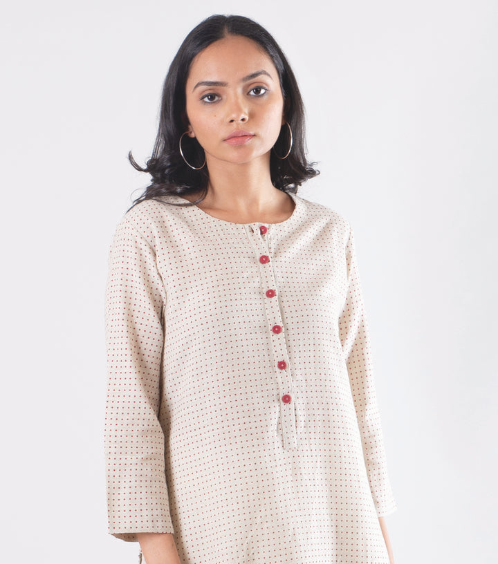 Beige printed khadi kurta