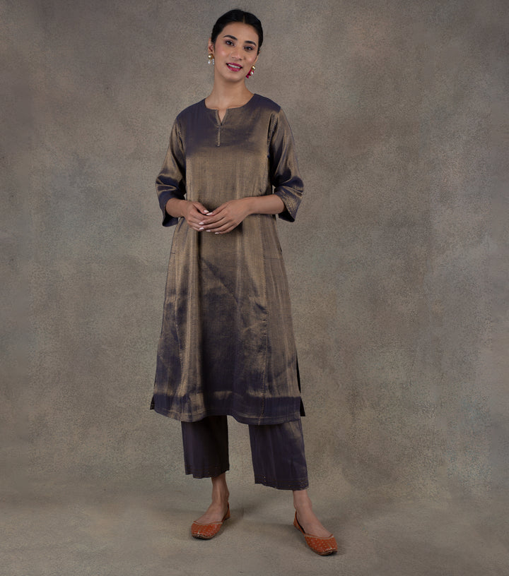 Navy Blue Tissue Flared Kurta & Palazzo Pants Set