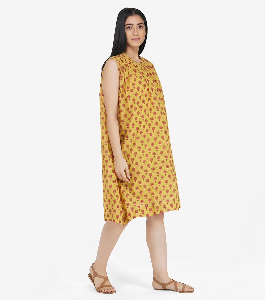 Mustard printed cotton Dress