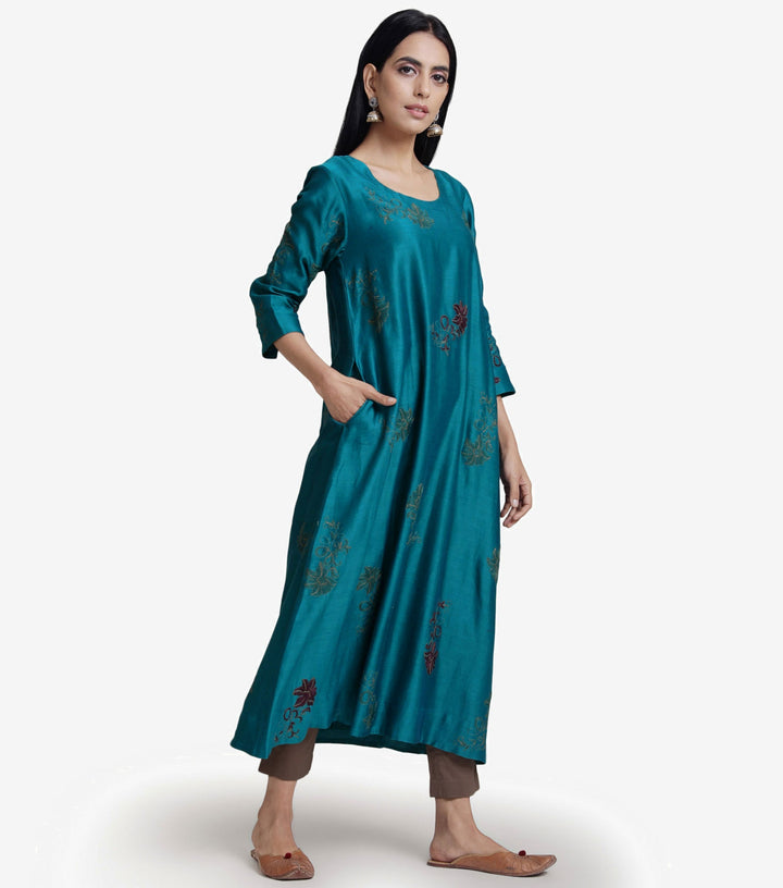 Teal chanderi embroidered kurta