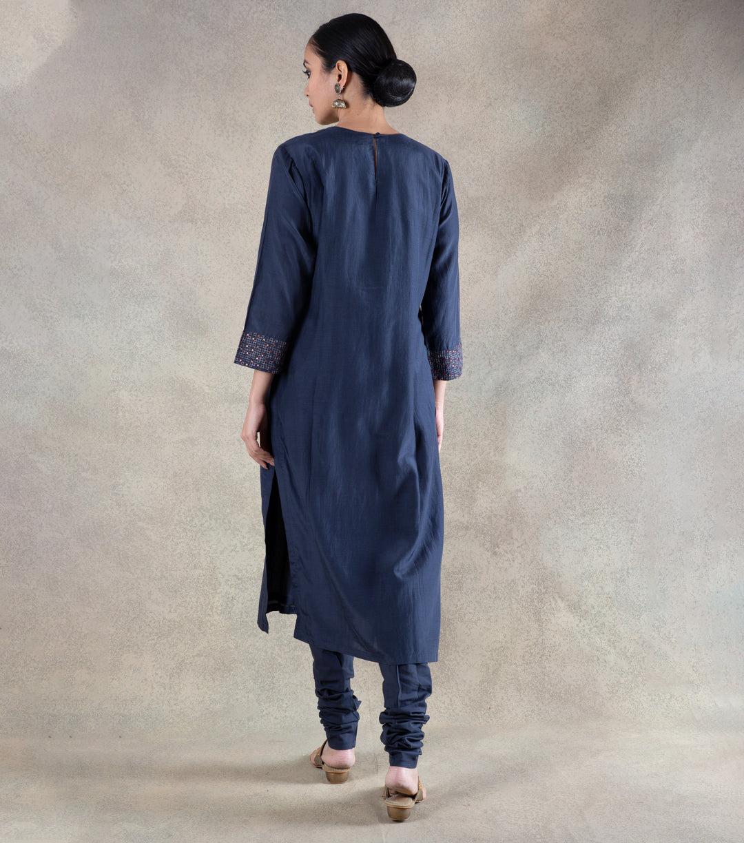 Navy Blue Cotton Silk Kurta with Churidar - Set of 2