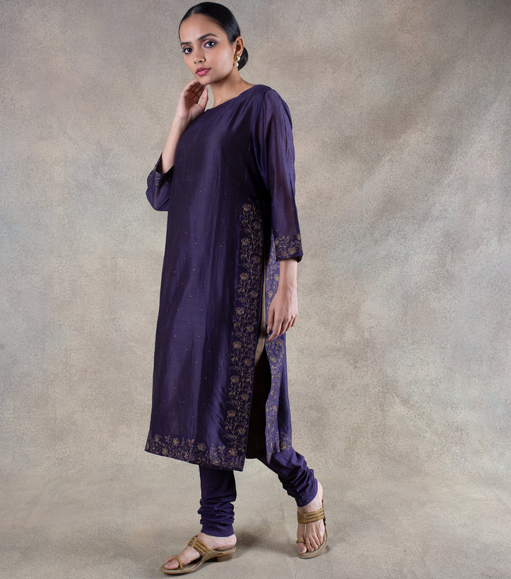 Purple Chanderi Embroidered Suit Set