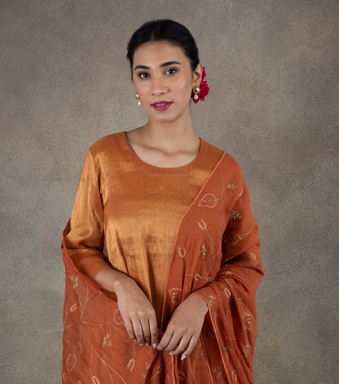 Orange Embroidered Chanderi Dupatta