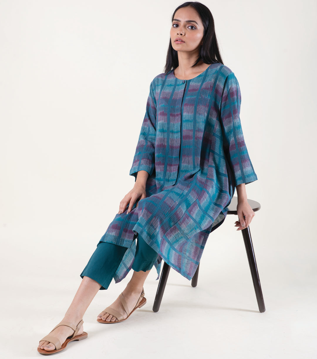 Teal Blue Printed Cotton Kurta with Pants Set