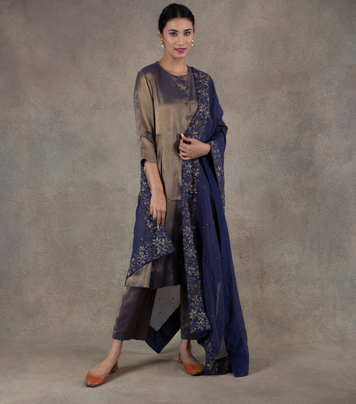 Navy Blue zari embroidered Organza dupatta