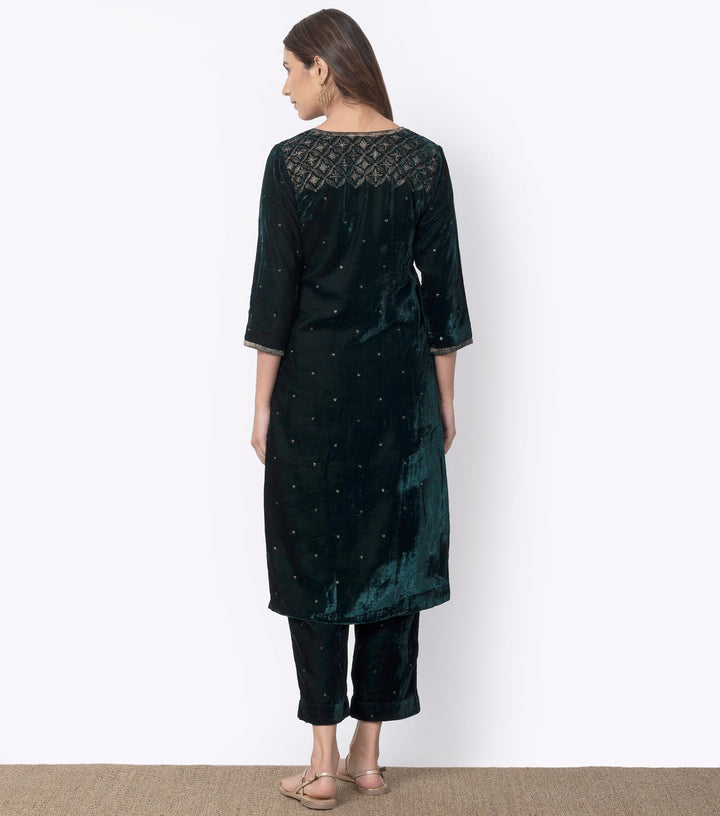 Green Velvet Embroidered Kurta