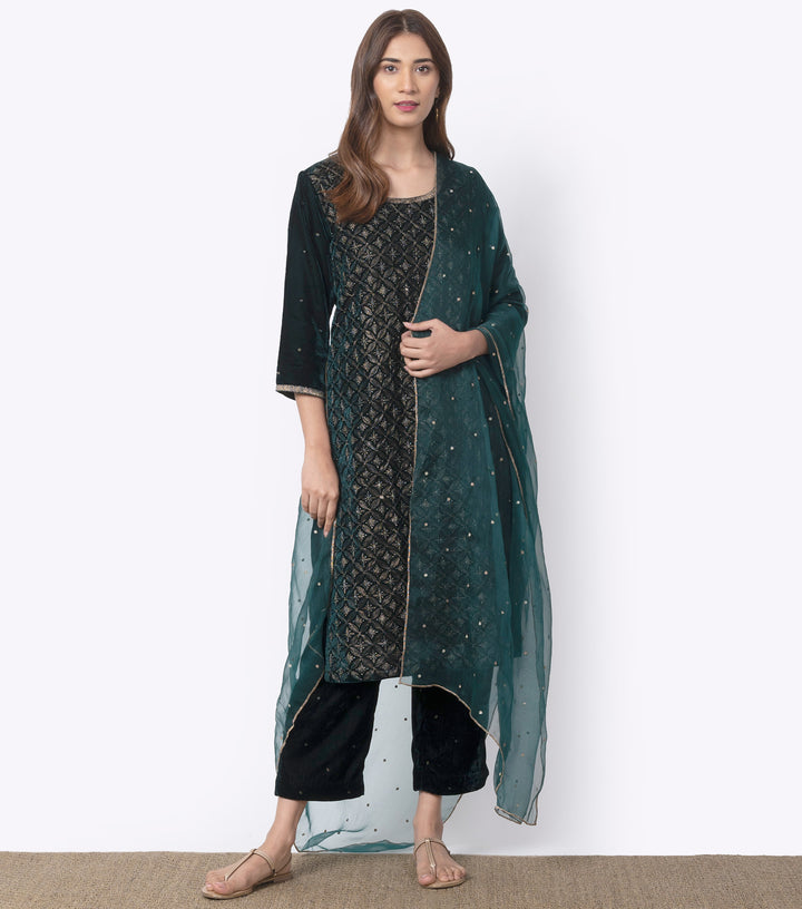 Emerald Green Velvet Embroidered Suit Set