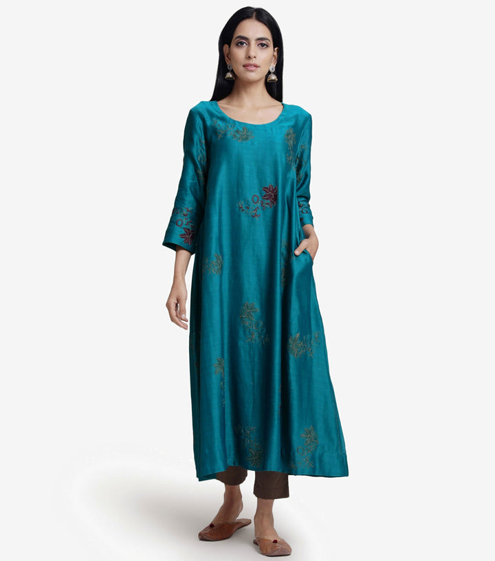 Teal chanderi embroidered kurta