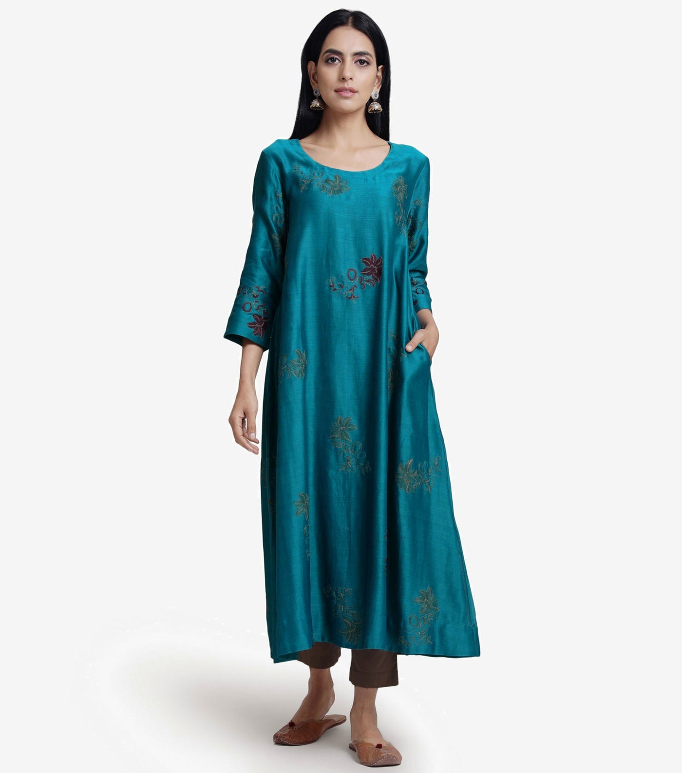 Teal chanderi embroidered kurta