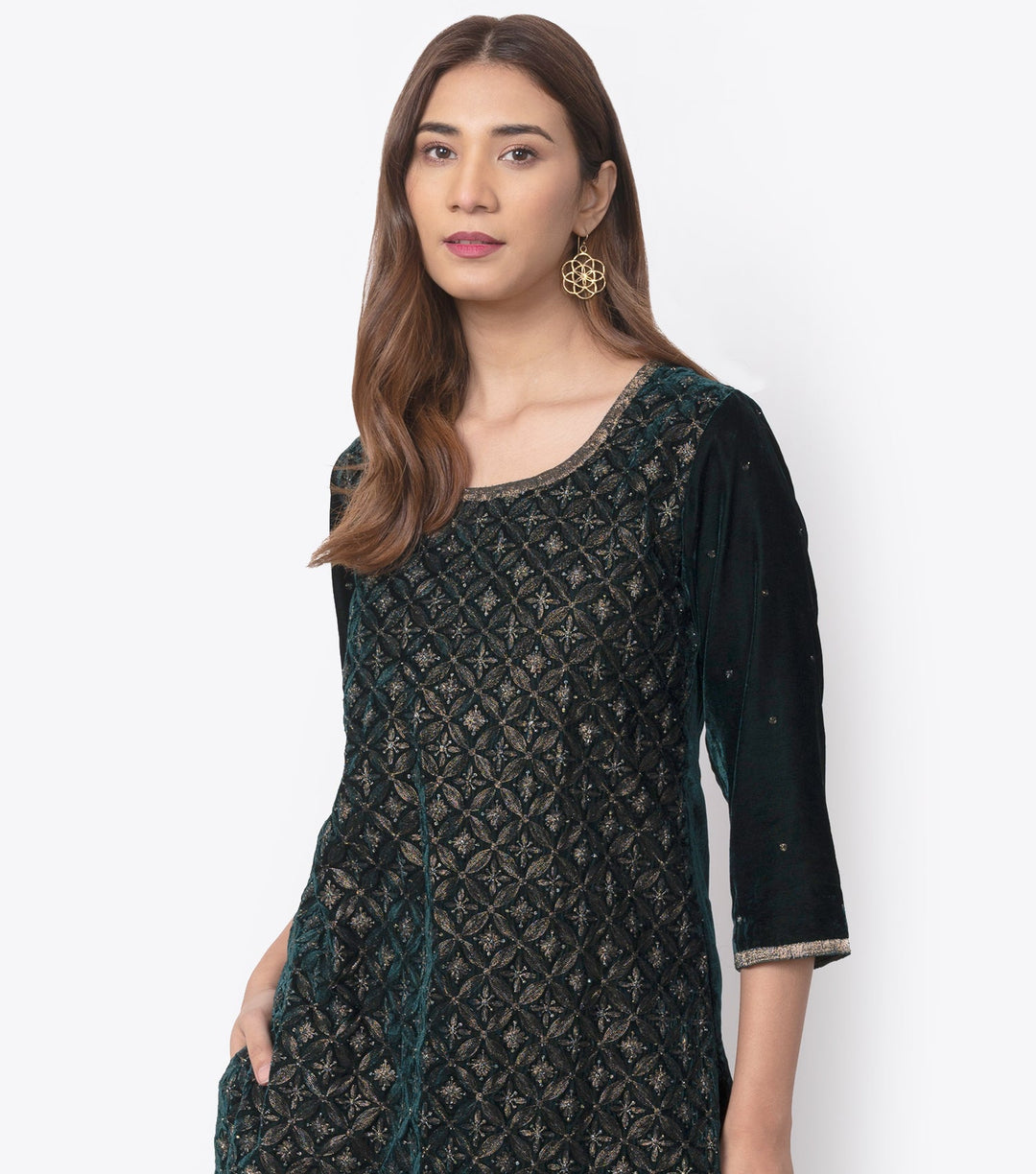 Green Velvet Embroidered Kurta