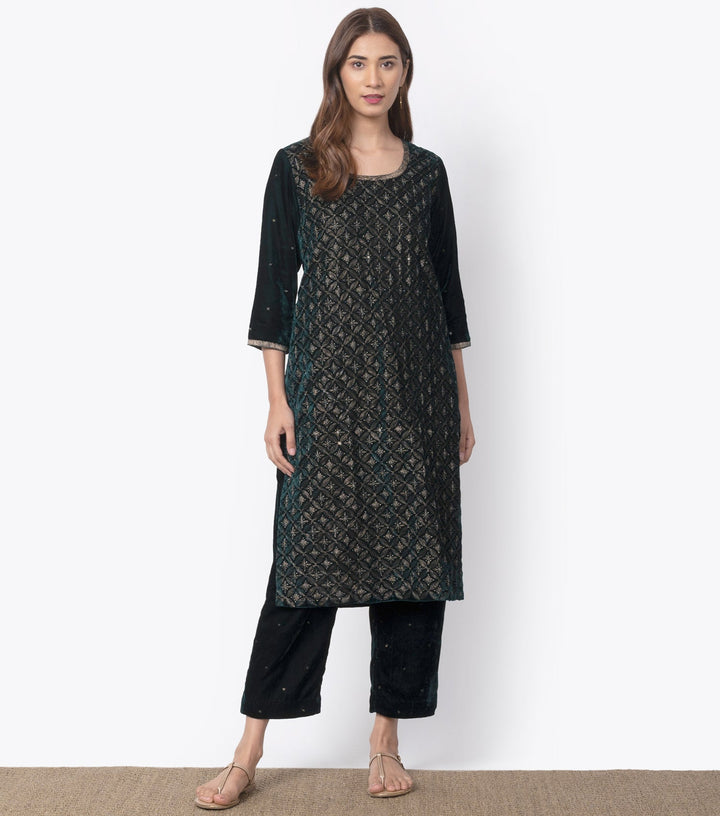 Green Velvet Embroidered Kurta