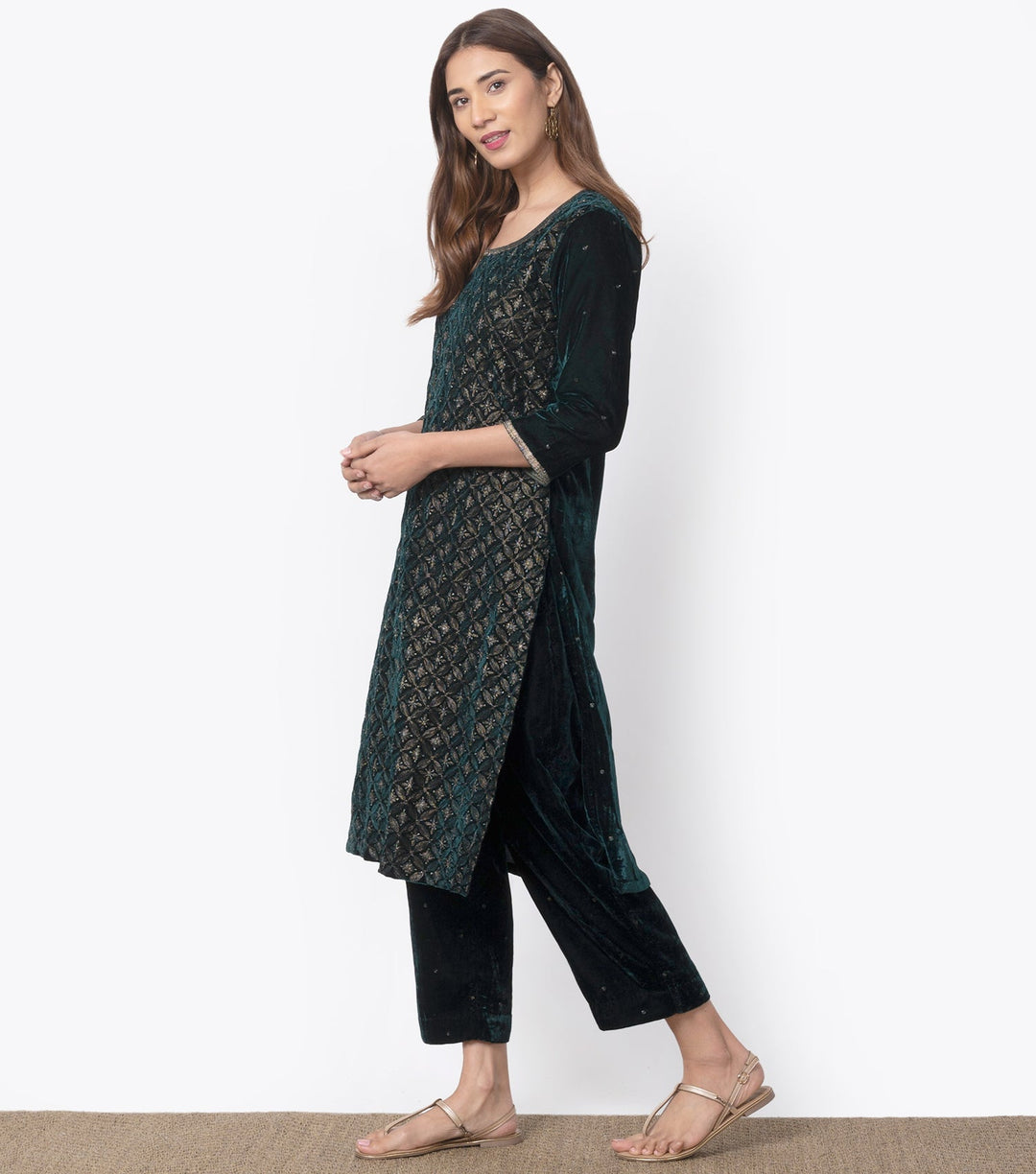 Green Velvet Embroidered Kurta