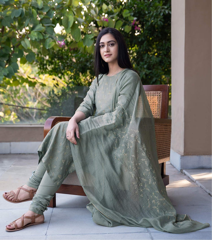 Sage Green Zari Embroidered Suit Set