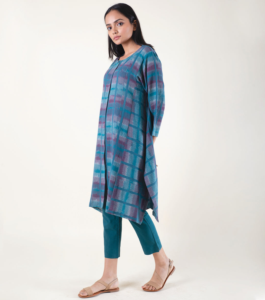 Teal Blue Printed Cotton Kurta with Pants Set