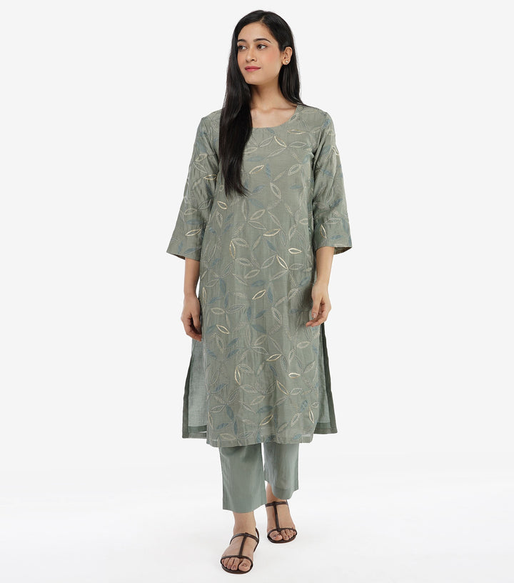 Sage Green Chanderi Embroidered Suit Set