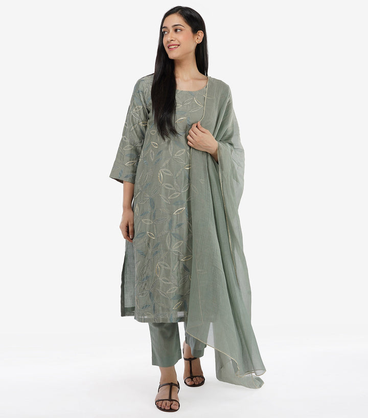 Sage Green Chanderi Embroidered Suit Set