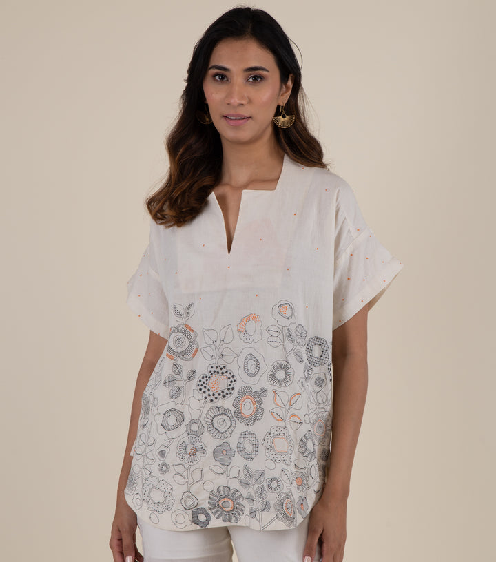 Natural Embroidered Cotton Top