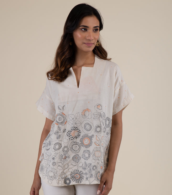 Natural Embroidered Cotton Top