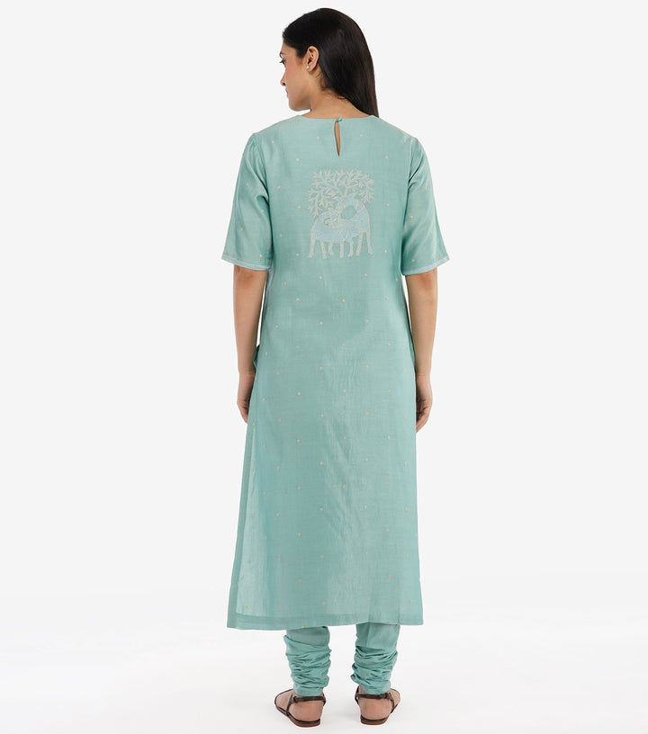 Aqua Blue Embroidered Chanderi Suit Set