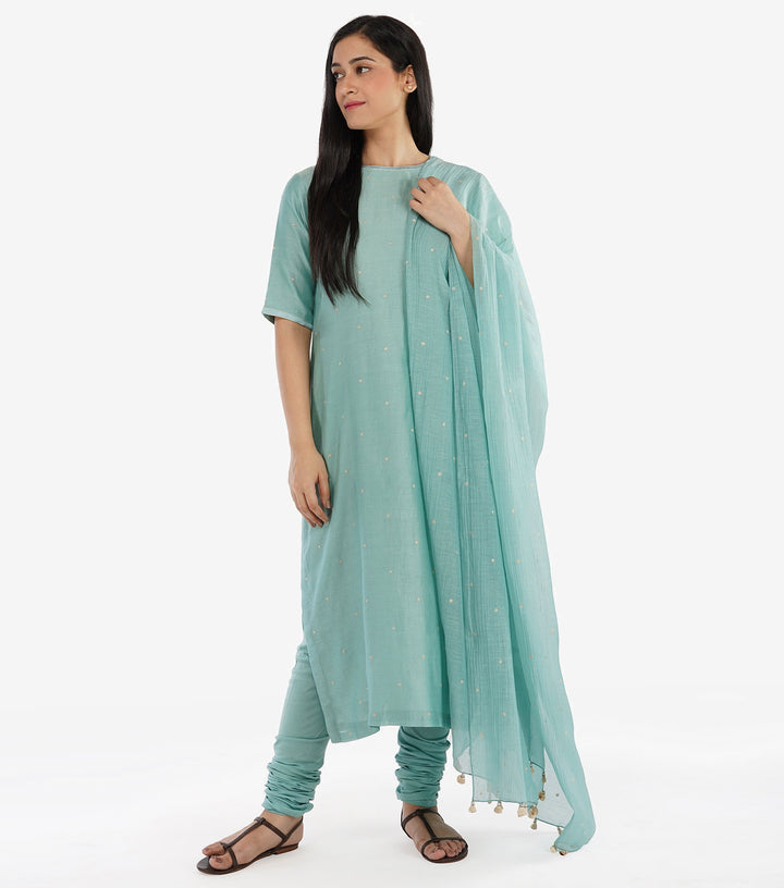 Aqua Blue Embroidered Chanderi Suit Set