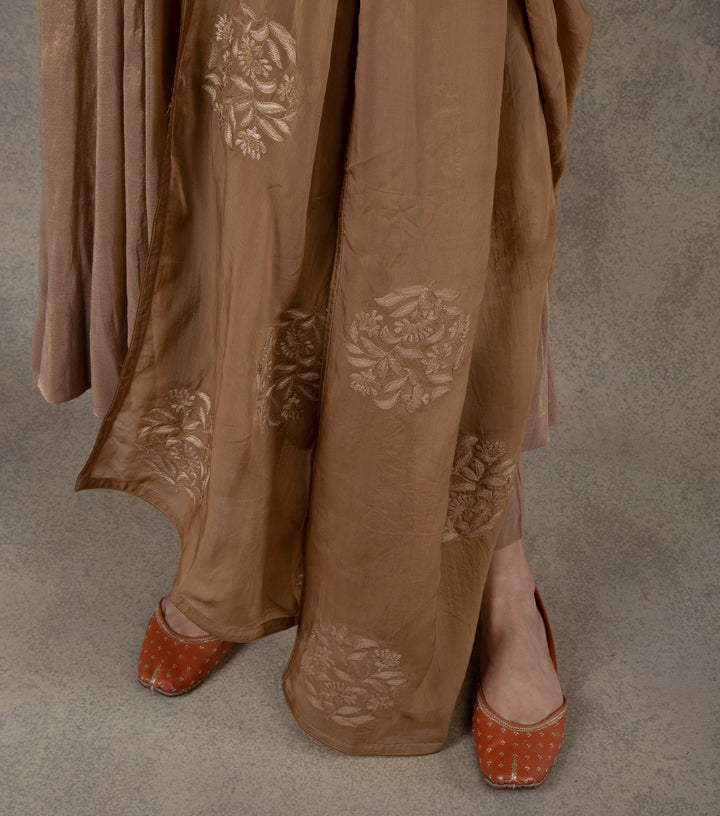 Beige zari embroidered Organza dupatta