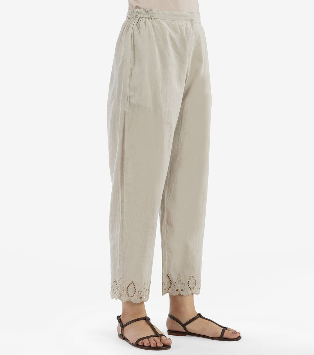 Beige Cotton Cutwork Pant