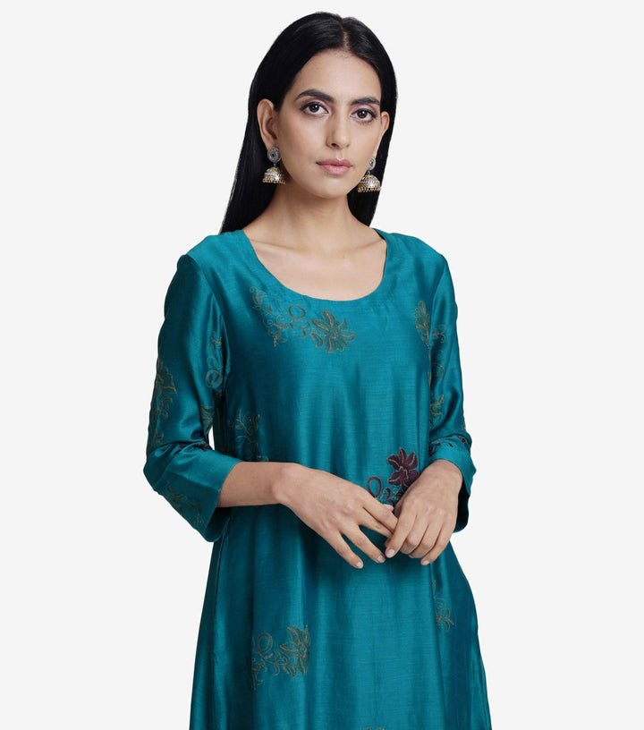 Teal chanderi embroidered kurta