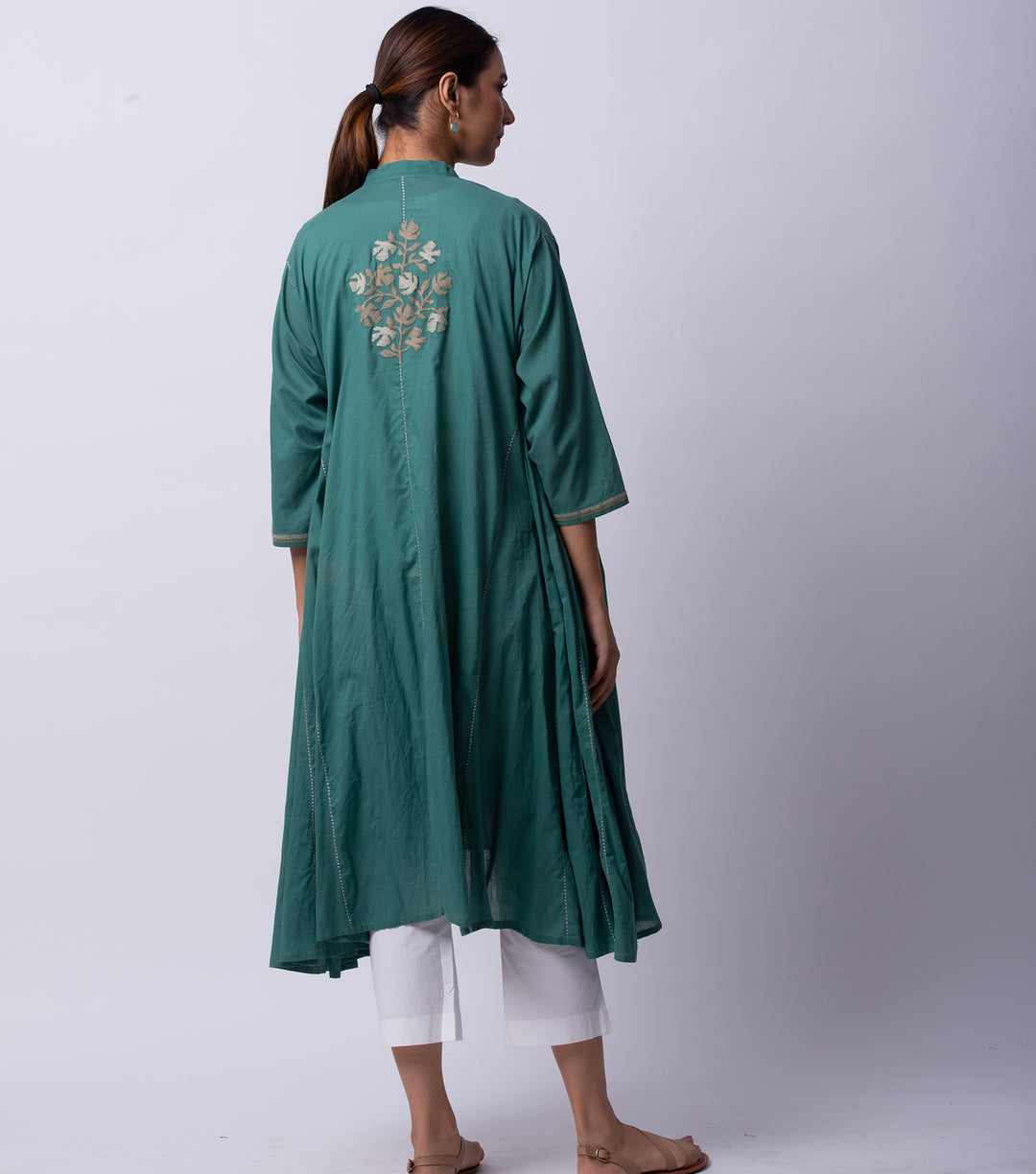 Green embroidered cotton choga