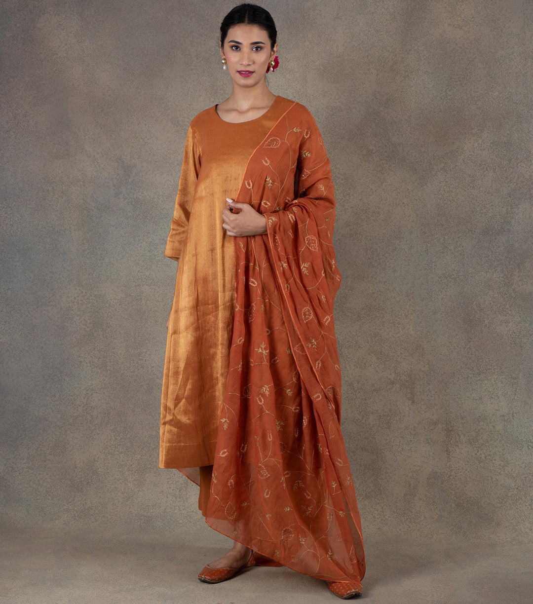 Orange Tissue Flared Kurta & Palazzo Pants Set