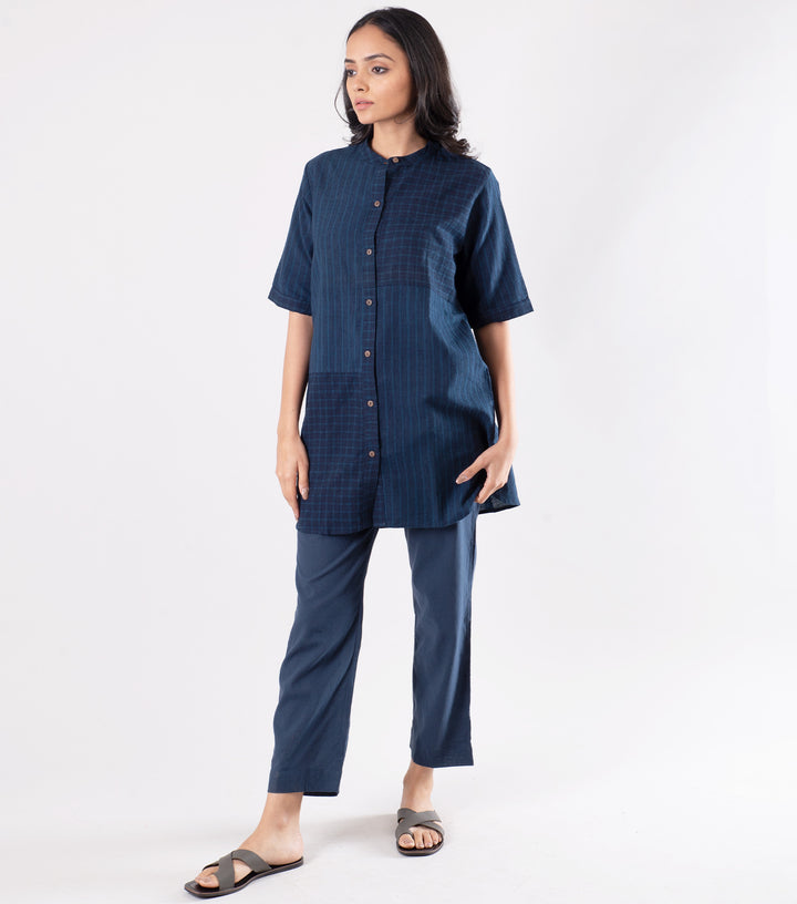 Navy Blue Khadi Printed Shirt