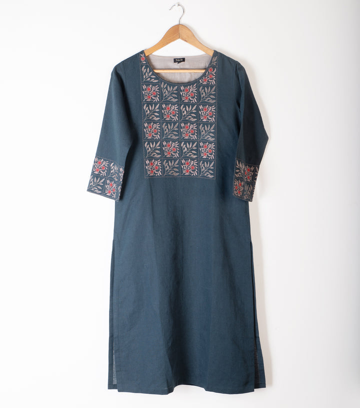 Charcoal Grey Embroidered Cotton kurta