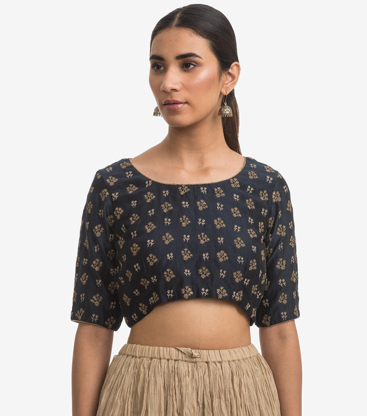 Navy Blue Embroidered Chanderi Blouse