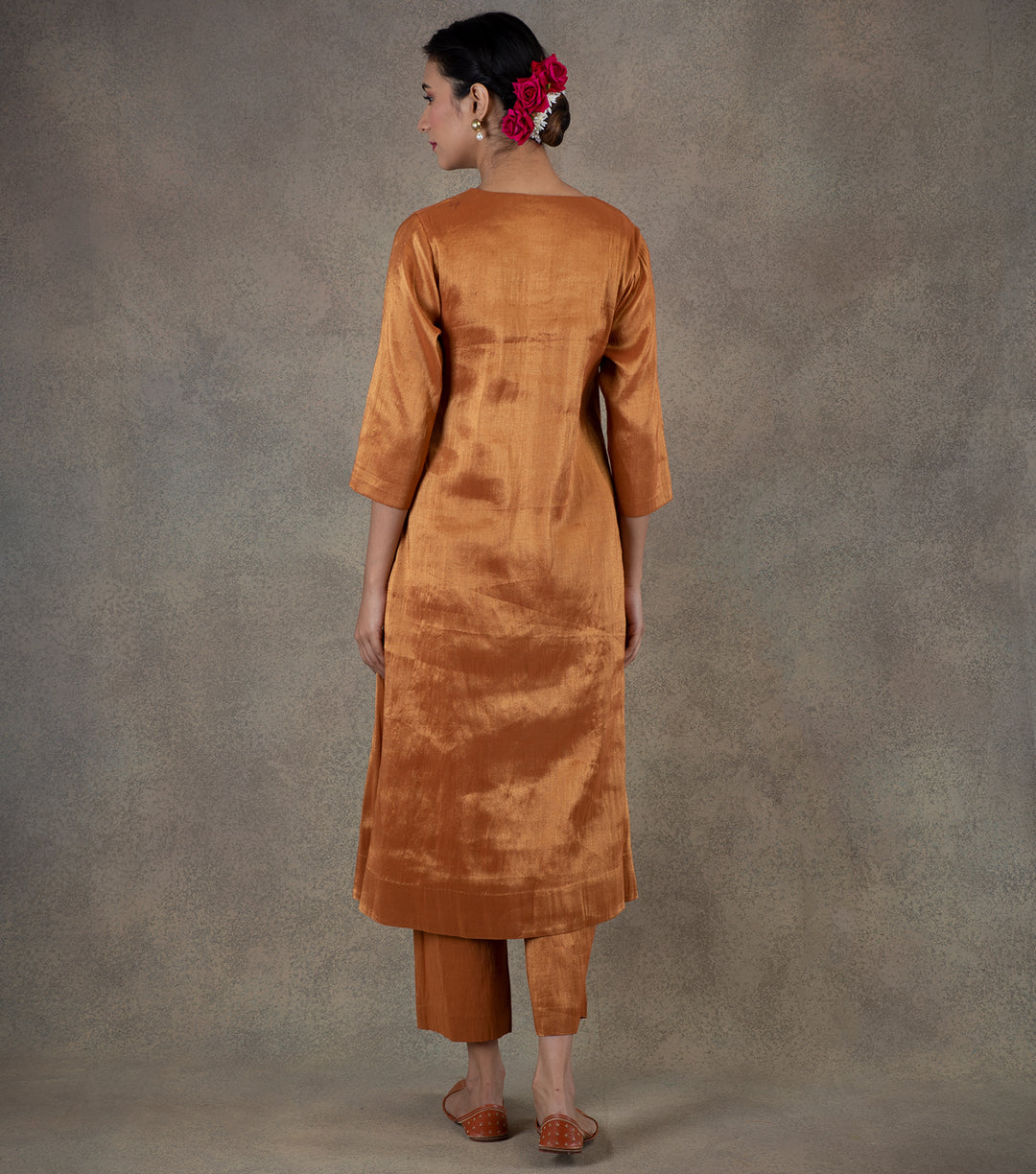 Orange Tissue Flared Kurta & Palazzo Pants Set