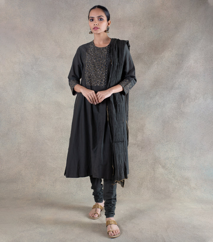 Black Cotton Silk Kurta & Chanderi Dupatta Suit Set