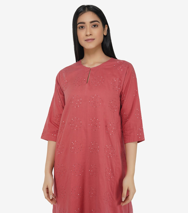 Brick cotton mirror work kurta